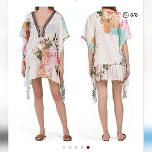 Z&L Europe Floral Print Airy  100% Cotton Pom-Pom Caftan Swim Cover Up XS